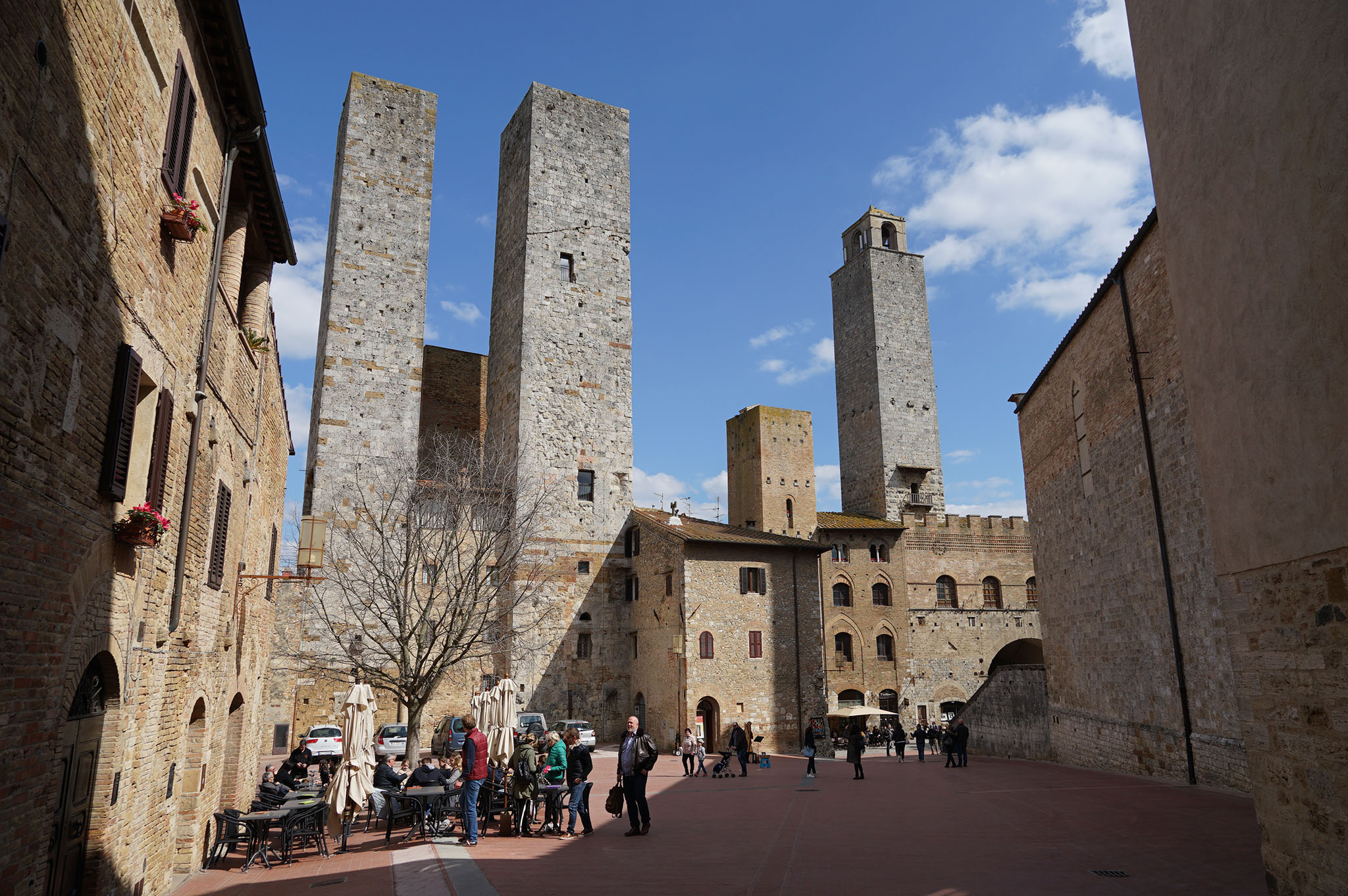 Medieval town with tall, stone towers