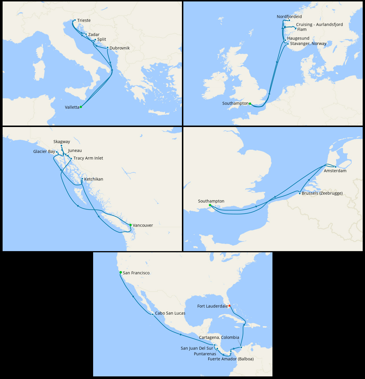 Composite of five maps of cruises. In order they are 1 - a map of the Mediterranean with a route around Croatia; 2 - a map of northern Europe with a route to the Norwegian fjords; 3 - a map of the western US with an Alaska route; 4 - a map of northern Europe with a route that hits Amsterdam and Zeebrugge; 5 - a map of the US with a route from San Francisco to Florida via the Panama Canal