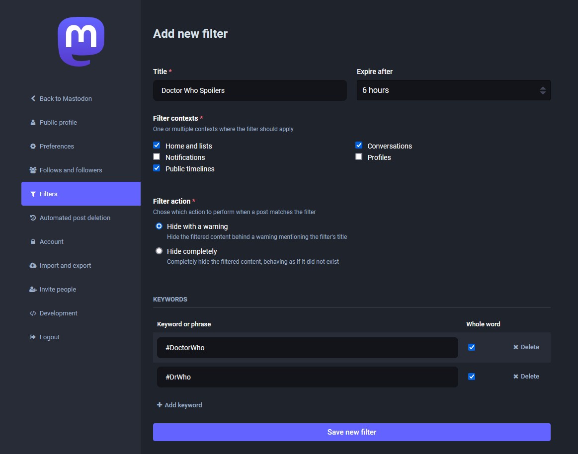 Screenshot of the preferences section for adding filters in Mastodon