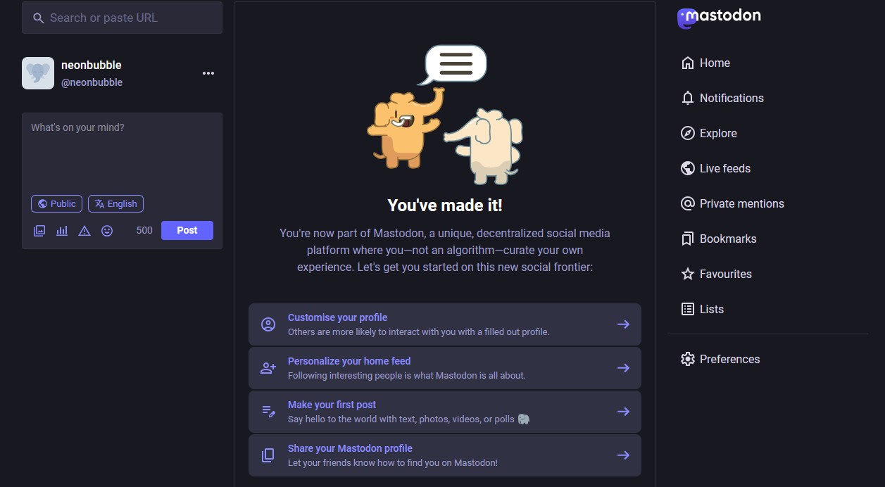 Screenshot of the home page after signing up to Mastodon